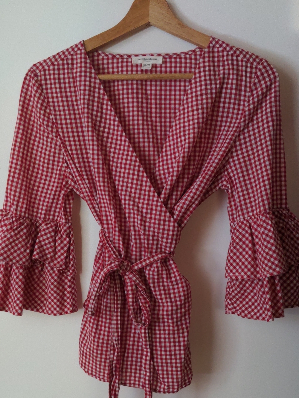 Red Gingham Wrap Top with Ruffle Sleeves - Women